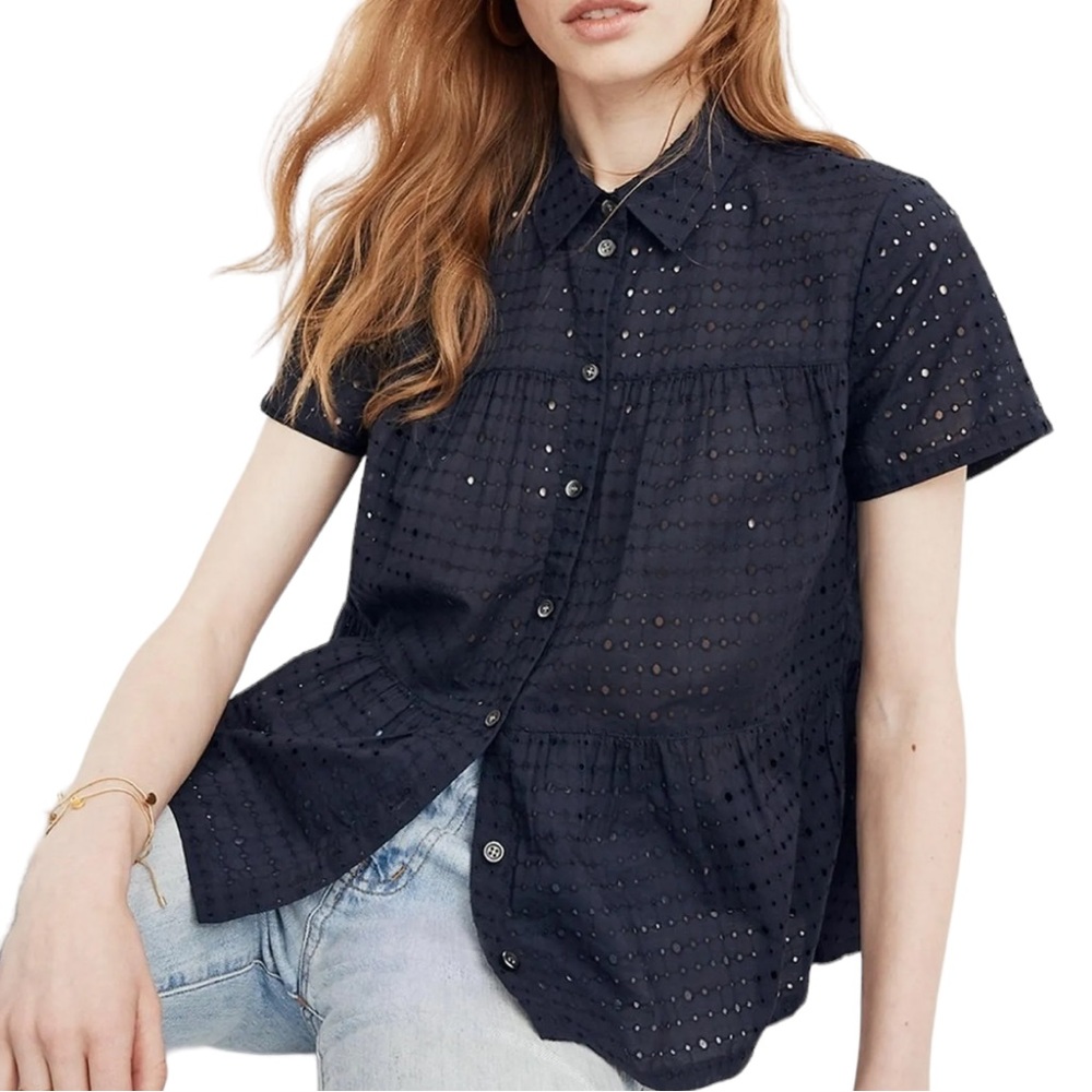 Madewell Eyelet Button Down Tiered Top in Navy (W)
